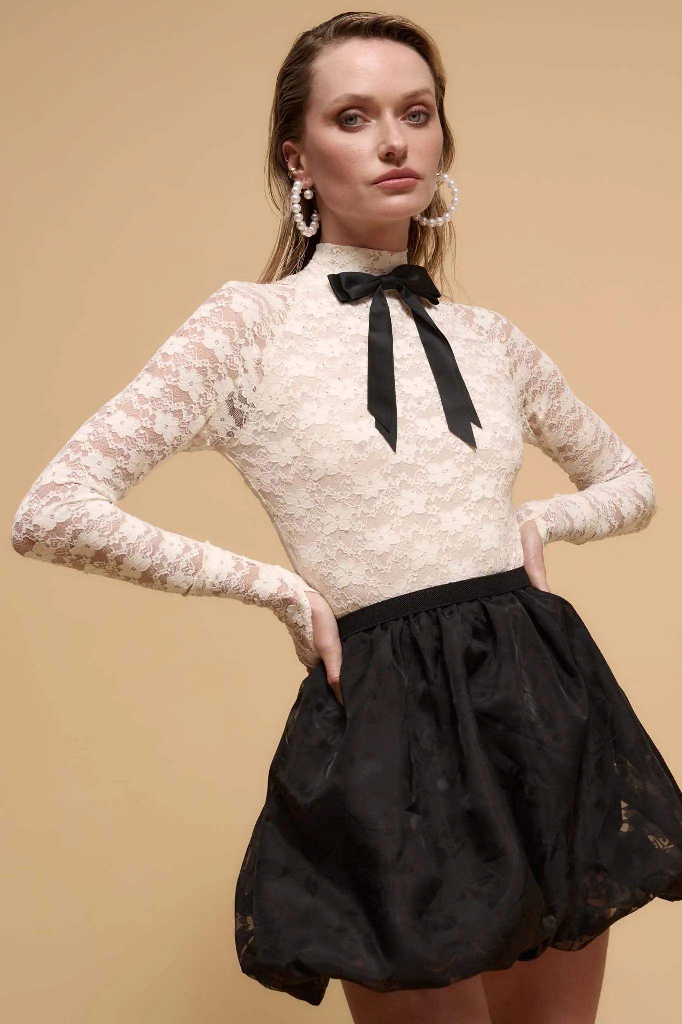 Starry Eyed Studded Floral Lace Mock-Neck Top
