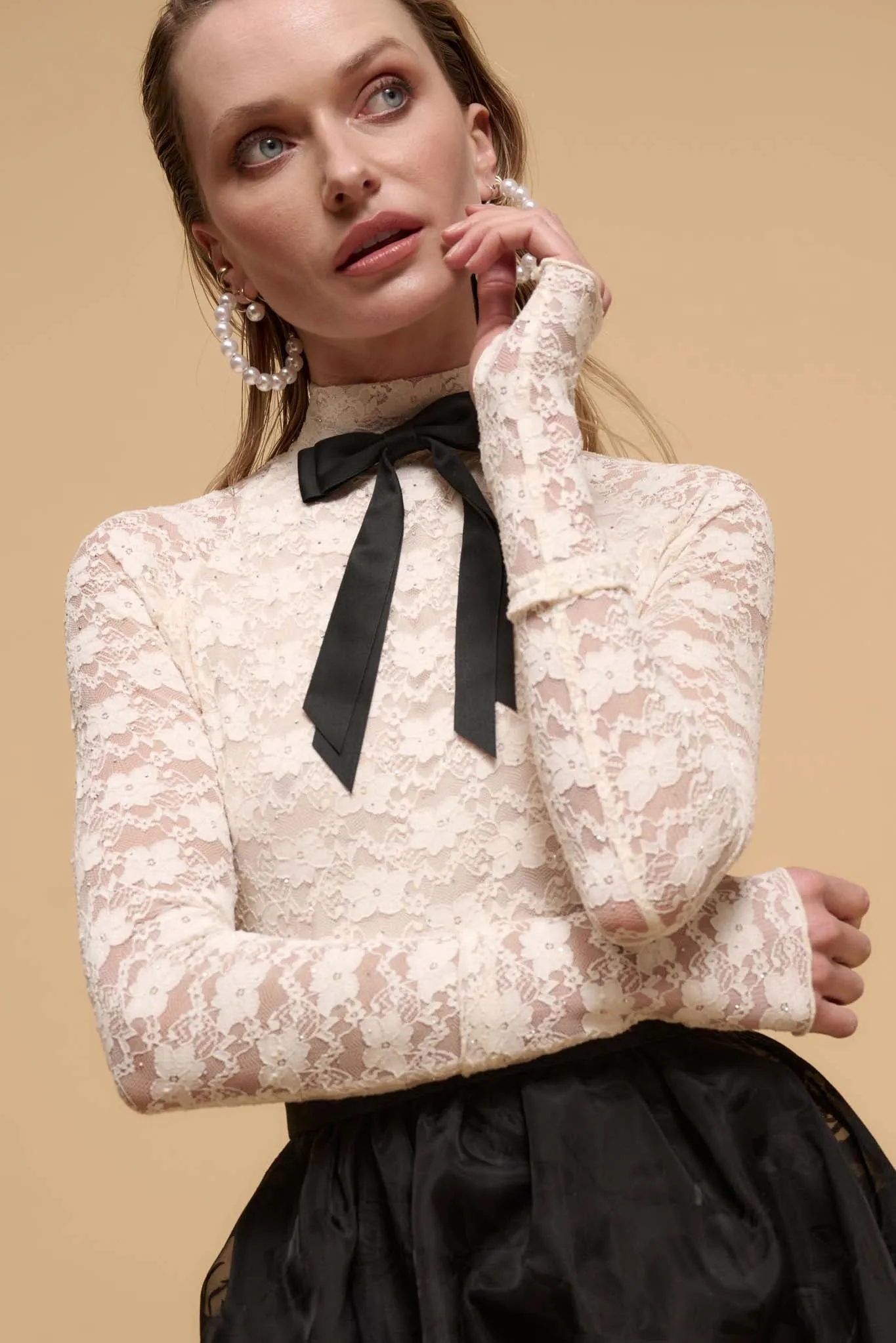 Starry Eyed Studded Floral Lace Mock-Neck Top
