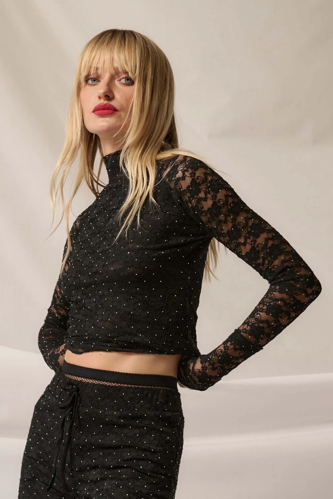 Starry Eyed Studded Floral Lace Mock-Neck Top