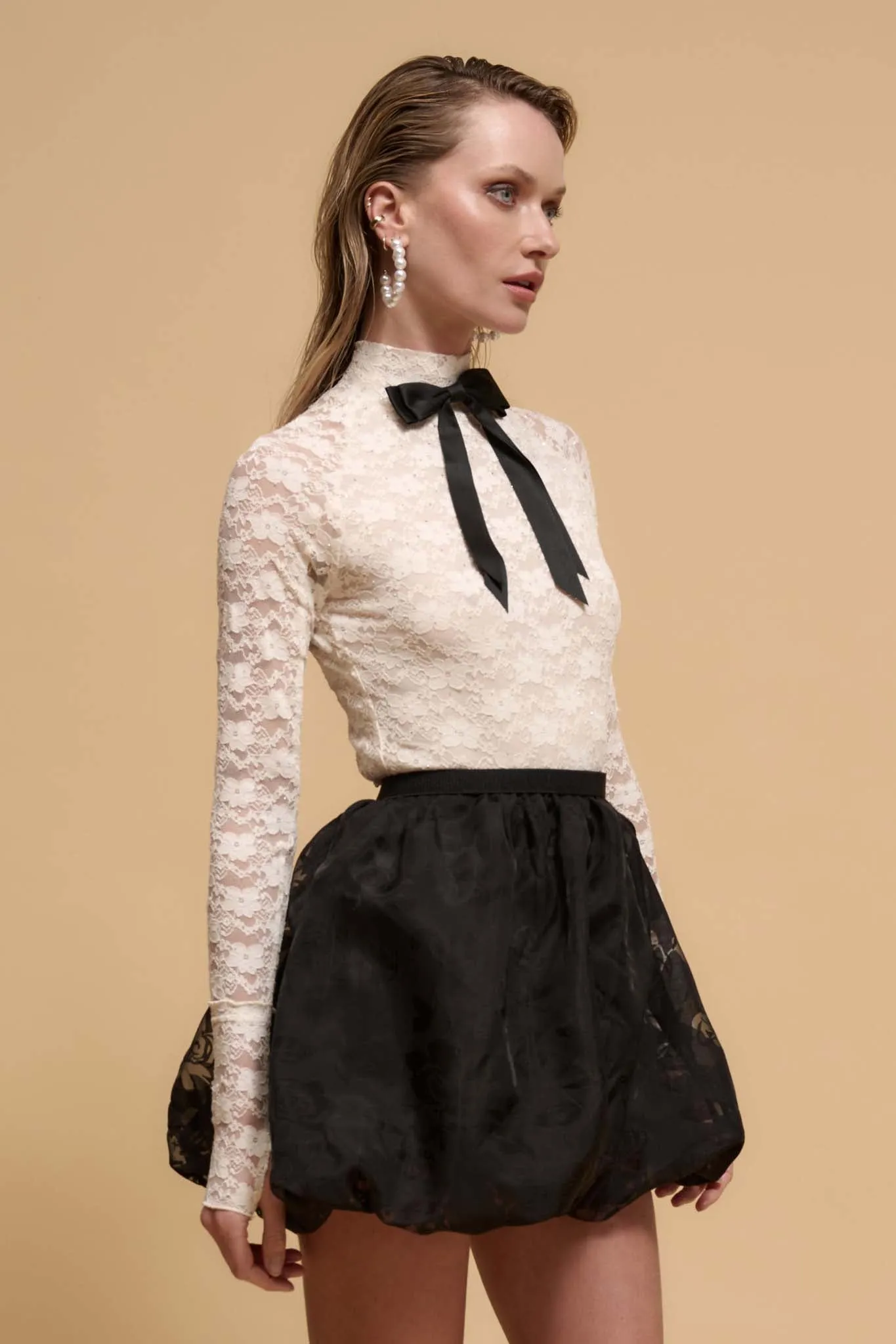 Starry Eyed Studded Floral Lace Mock-Neck Top