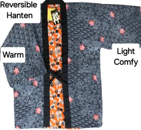 Traditional Japanese reversible Hanten coat - traditional dots and fans print