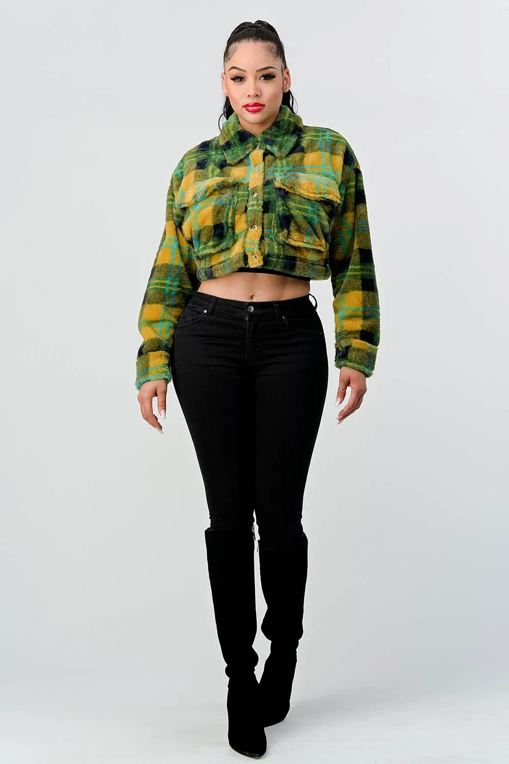 TRENDY PLAID LONG SLEEVE CROPPED JACKET