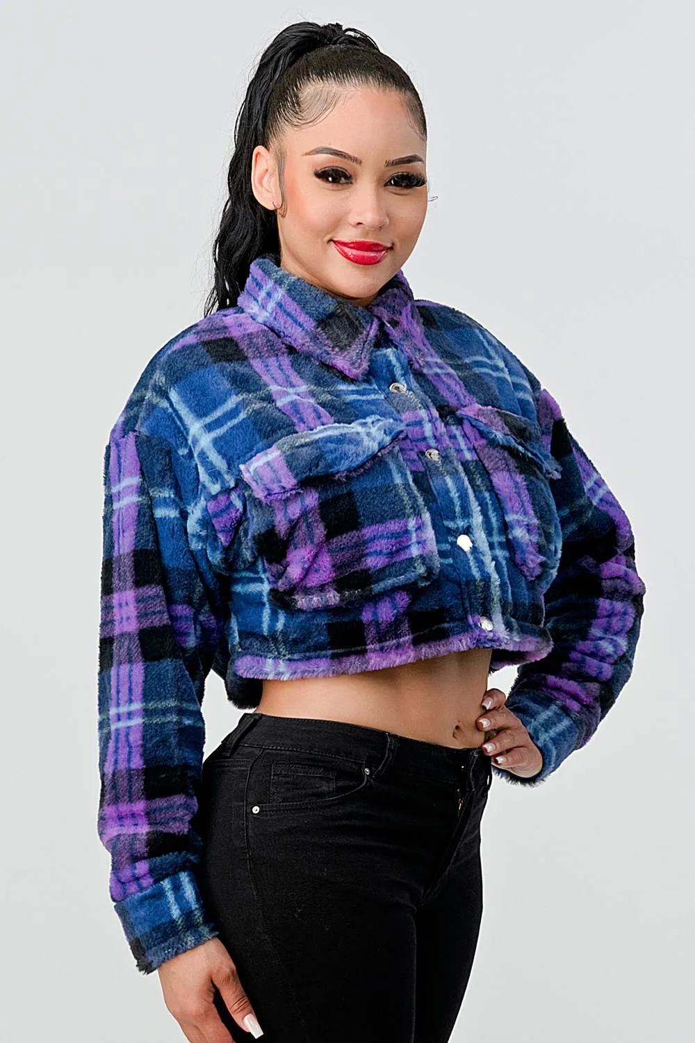 TRENDY PLAID LONG SLEEVE CROPPED JACKET