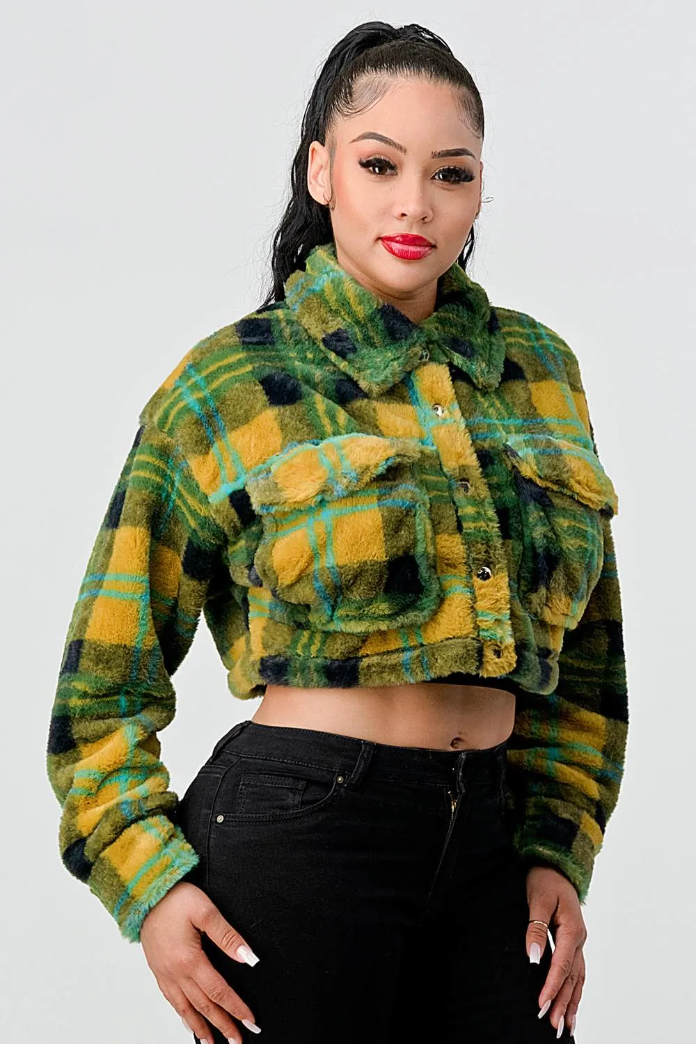 TRENDY PLAID LONG SLEEVE CROPPED JACKET