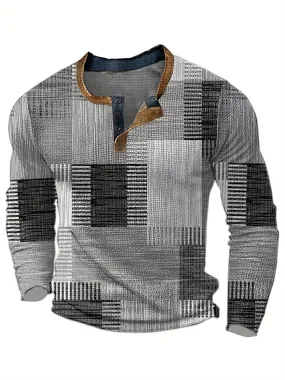 TruiFit - Heren Patchwork Lange Mouw Henley Shirt met Knoopsluiting