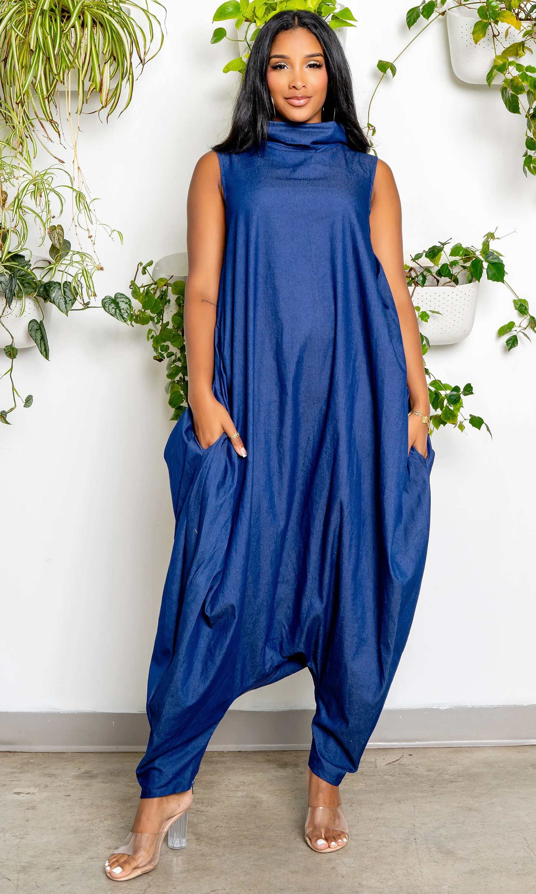 Turtle Neck Harem Jumpsuit - Blue Denim Preorder ships end of February