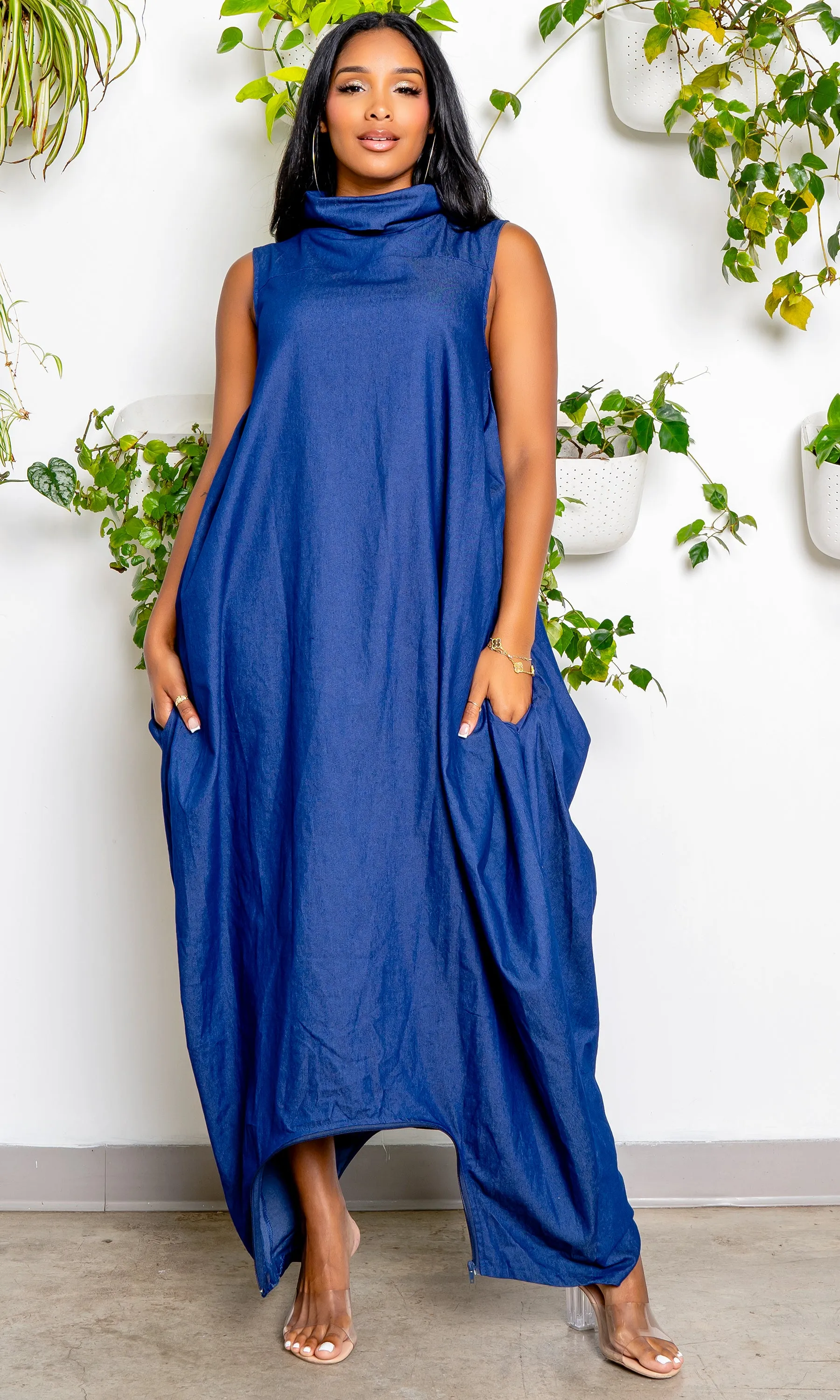 Turtle Neck Harem Jumpsuit - Blue Denim Preorder ships end of February