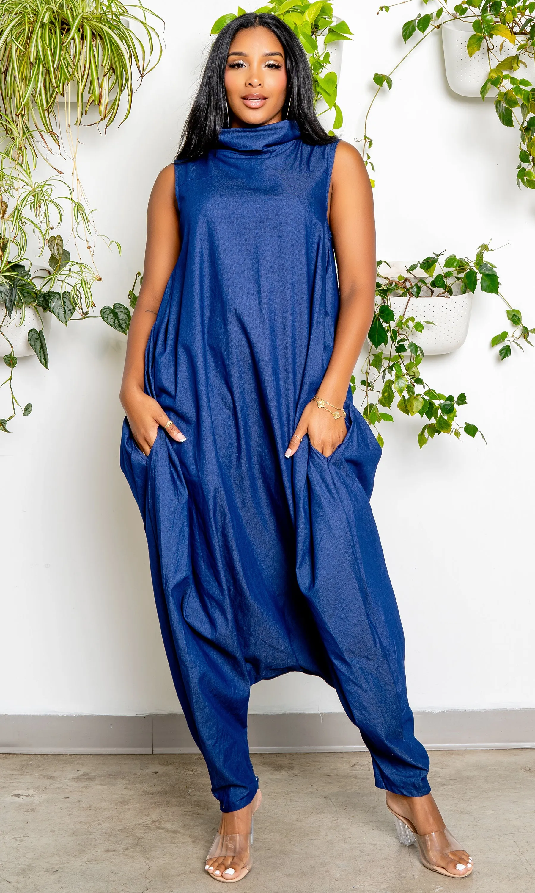 Turtle Neck Harem Jumpsuit - Blue Denim Preorder ships end of February
