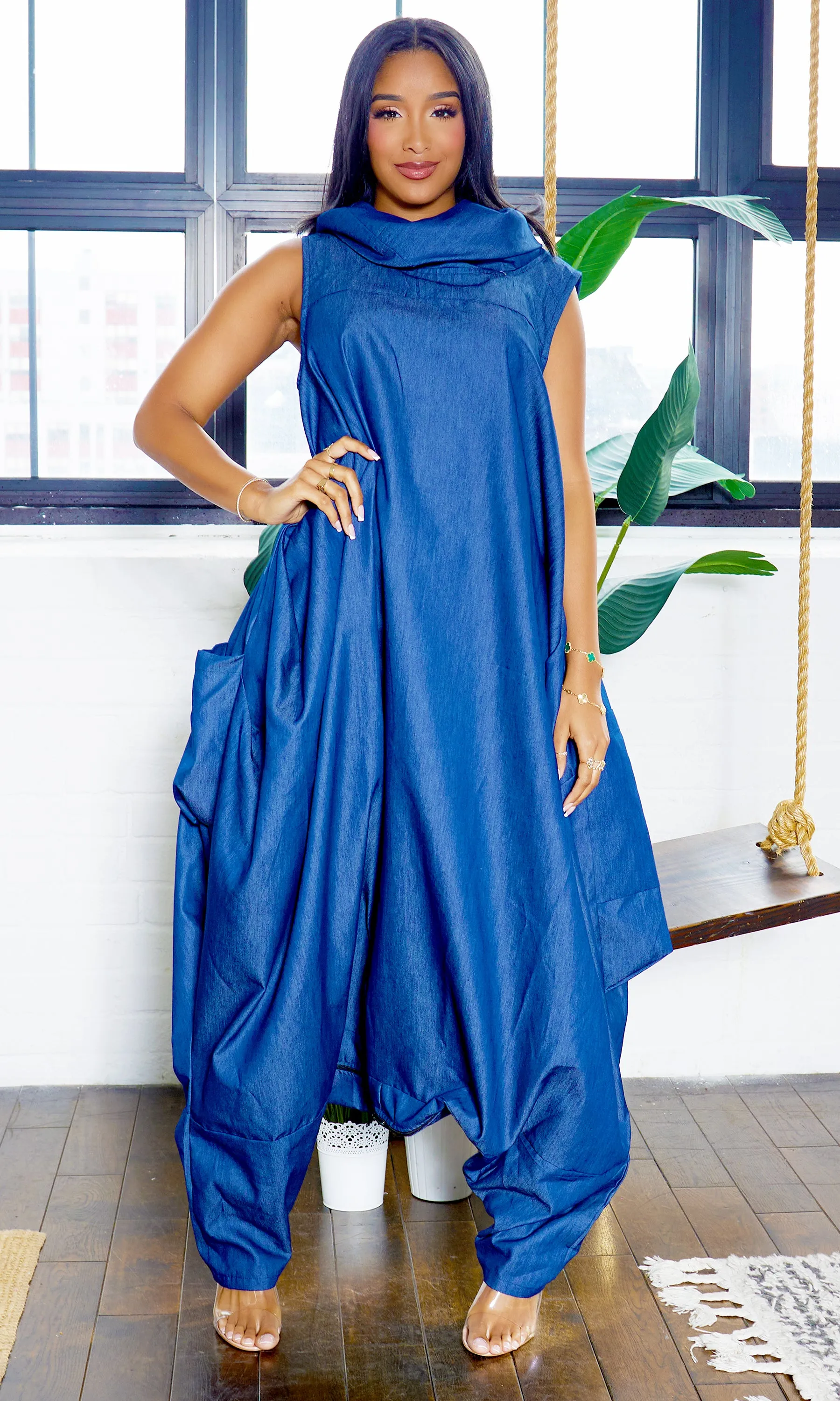 Turtle Neck Harem Jumpsuit - Blue Denim Preorder ships end of February