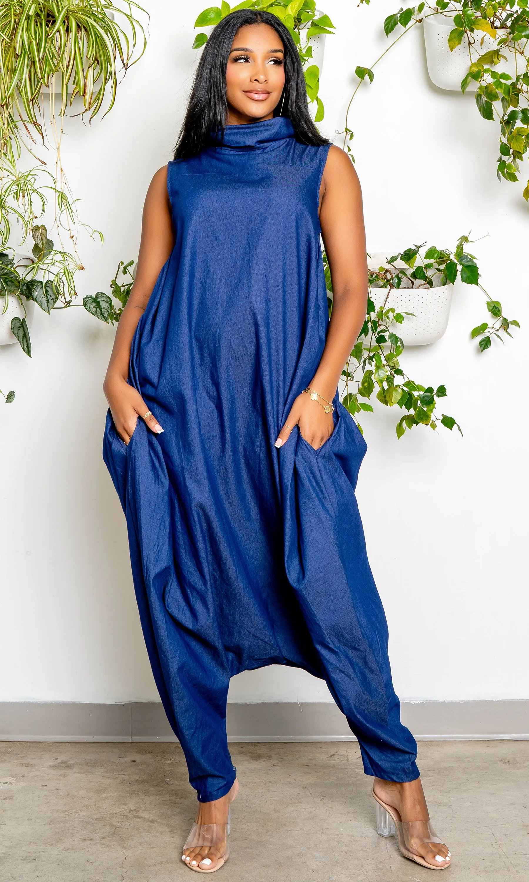 Turtle Neck Harem Jumpsuit - Blue Denim Preorder ships end of February