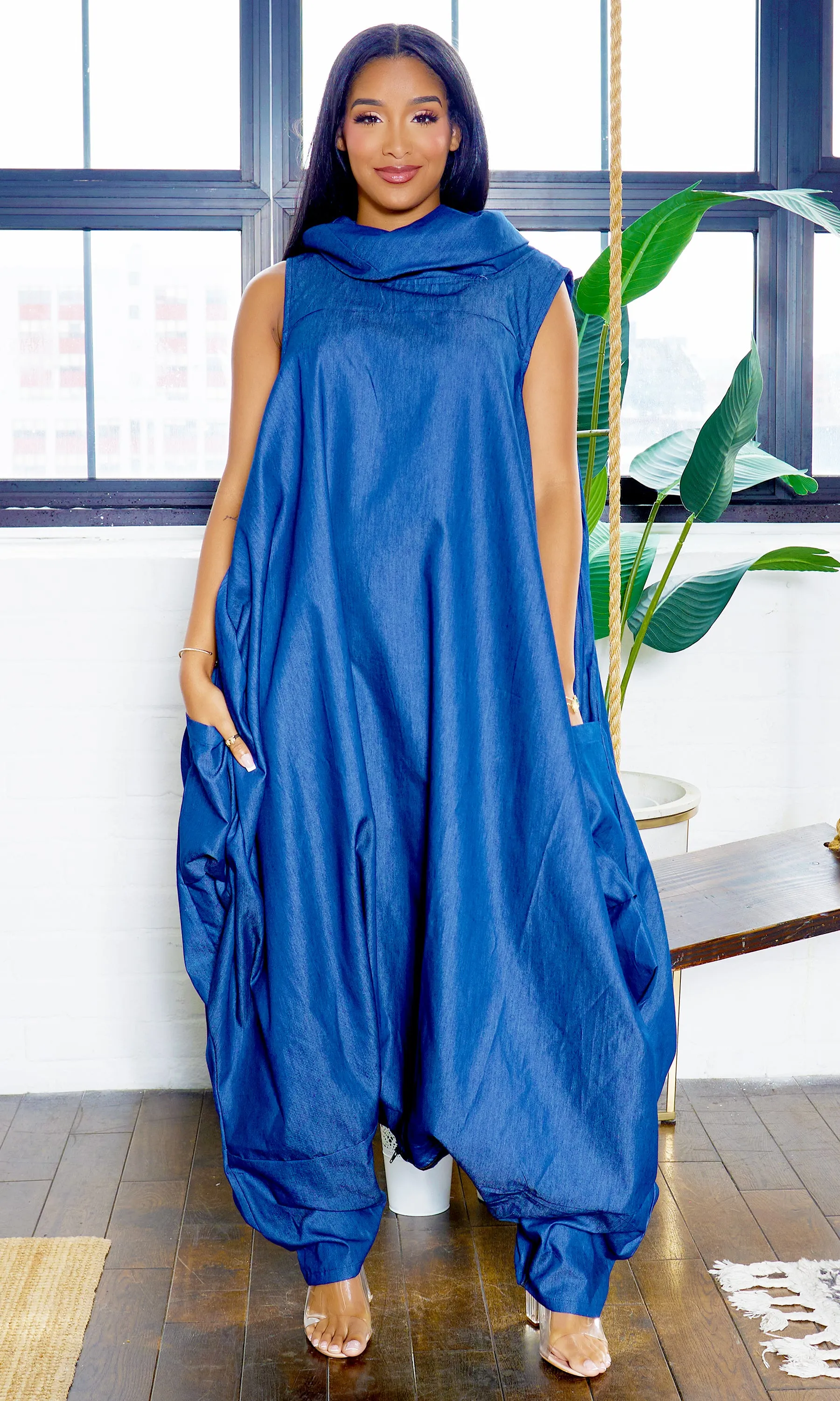 Turtle Neck Harem Jumpsuit - Blue Denim Preorder ships end of February