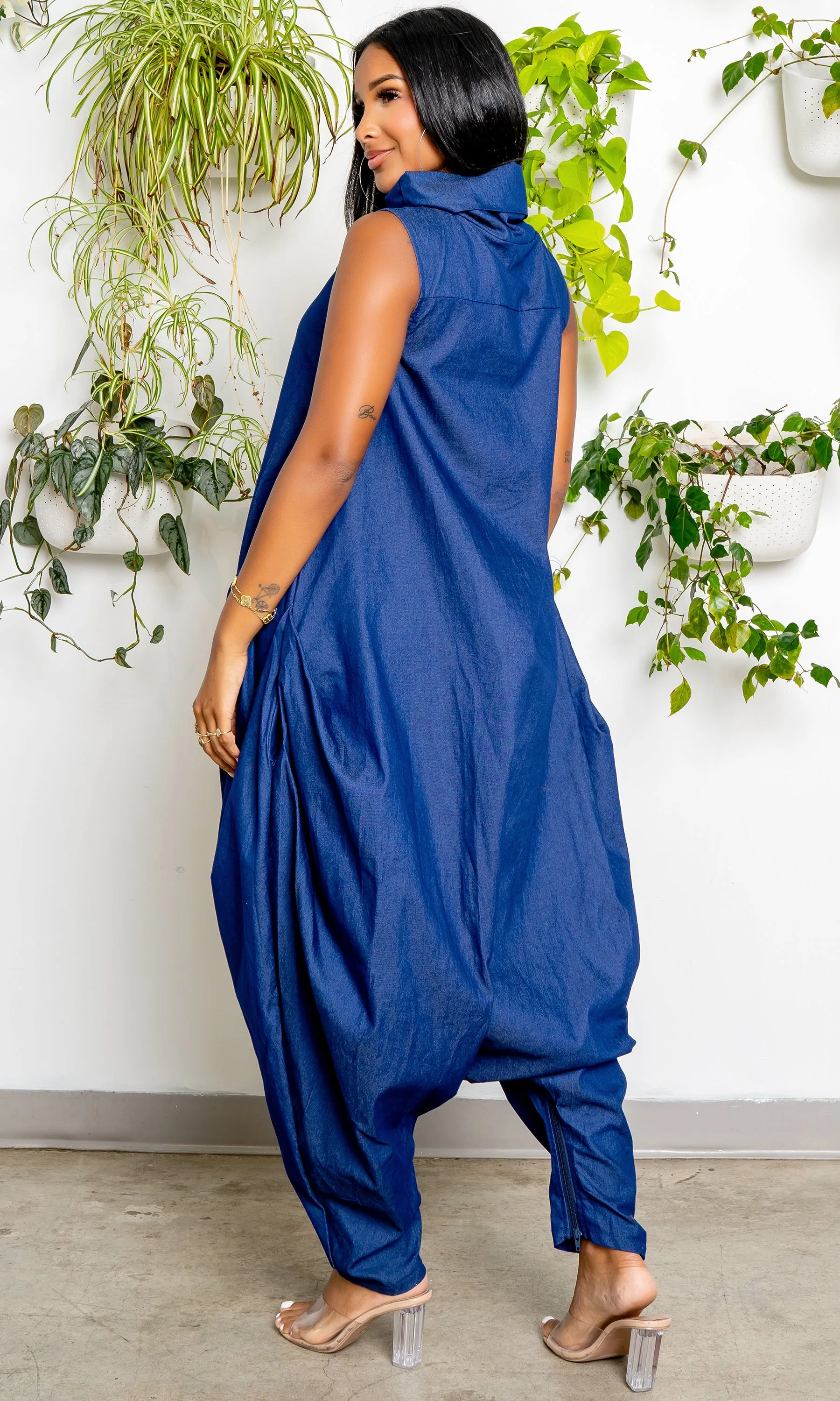 Turtle Neck Harem Jumpsuit - Blue Denim Preorder ships end of February