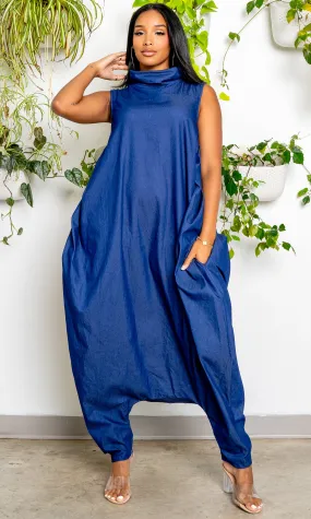 Turtle Neck Harem Jumpsuit - Blue Denim Preorder ships end of February