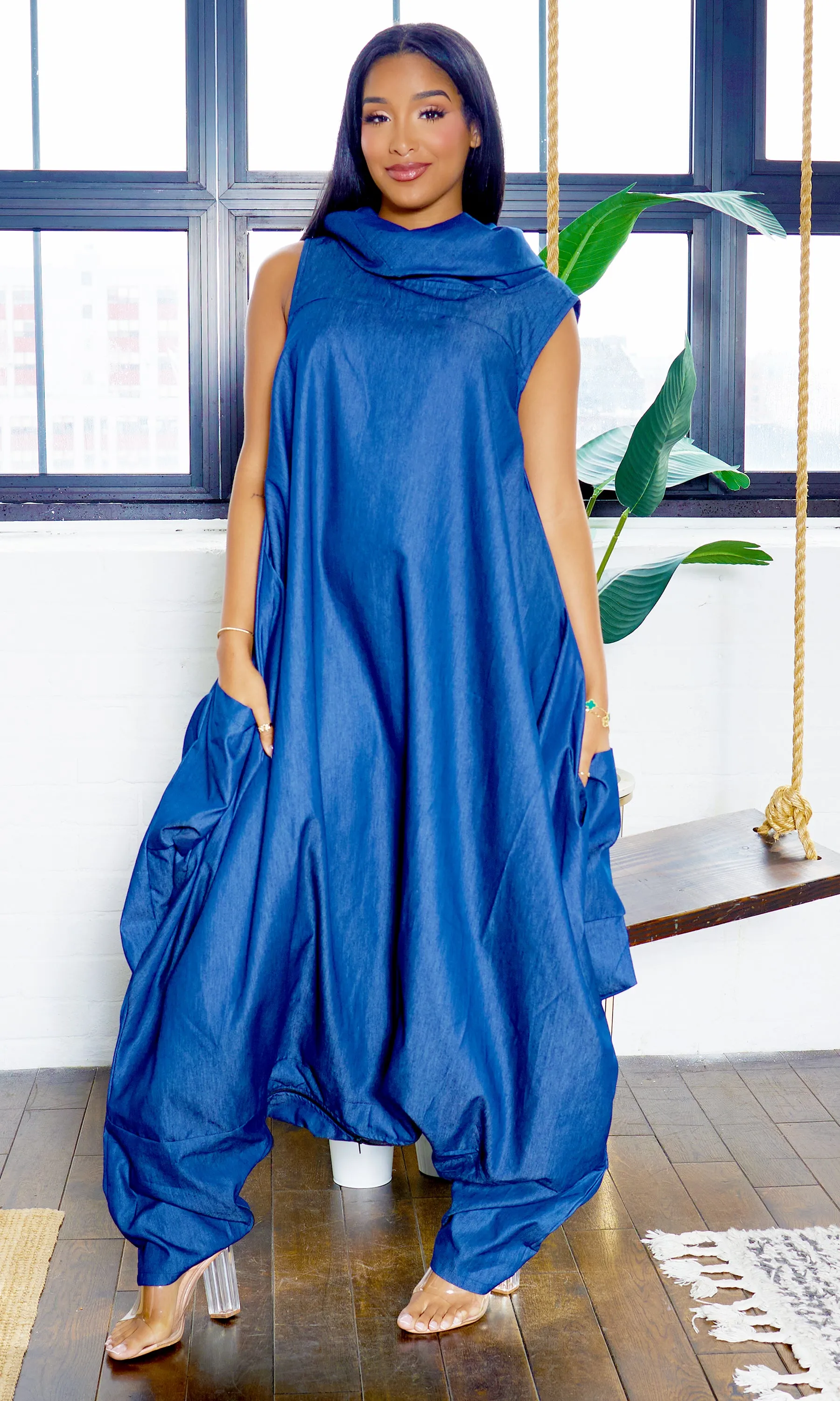 Turtle Neck Harem Jumpsuit - Blue Denim Preorder ships end of February