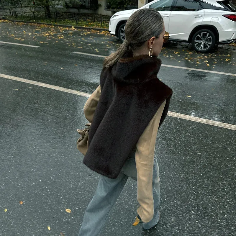 Turtleneck Faux Fur Sleeveless Jacket