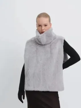 Turtleneck Faux Fur Sleeveless Jacket