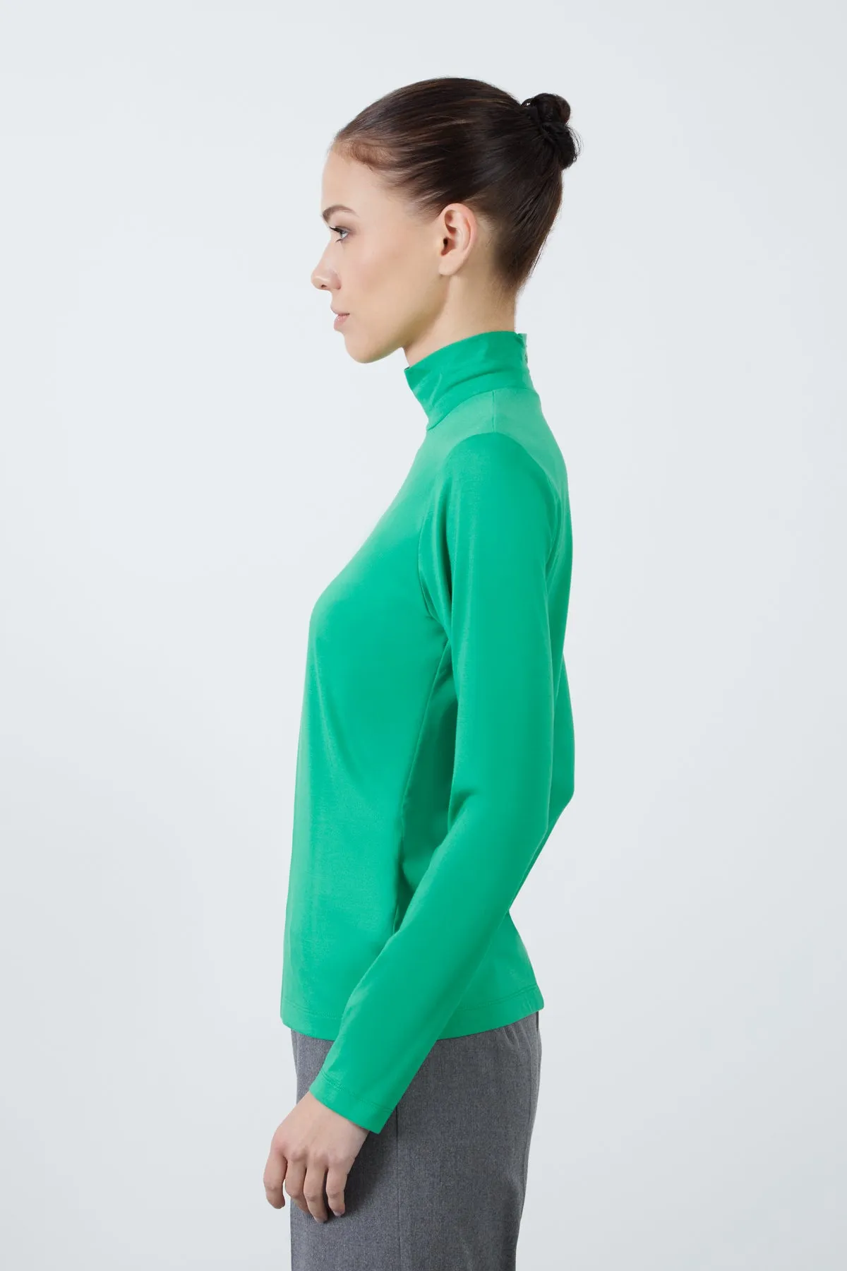 Turtleneck Long Sleeve Knitted Green Blouse with Back Zipper