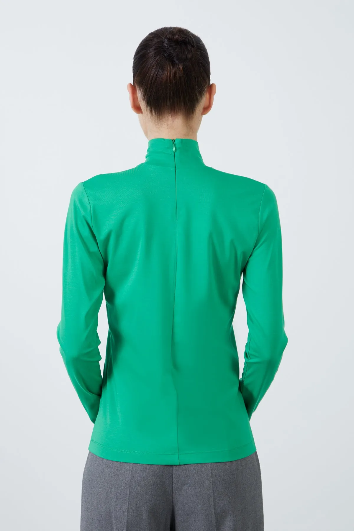 Turtleneck Long Sleeve Knitted Green Blouse with Back Zipper