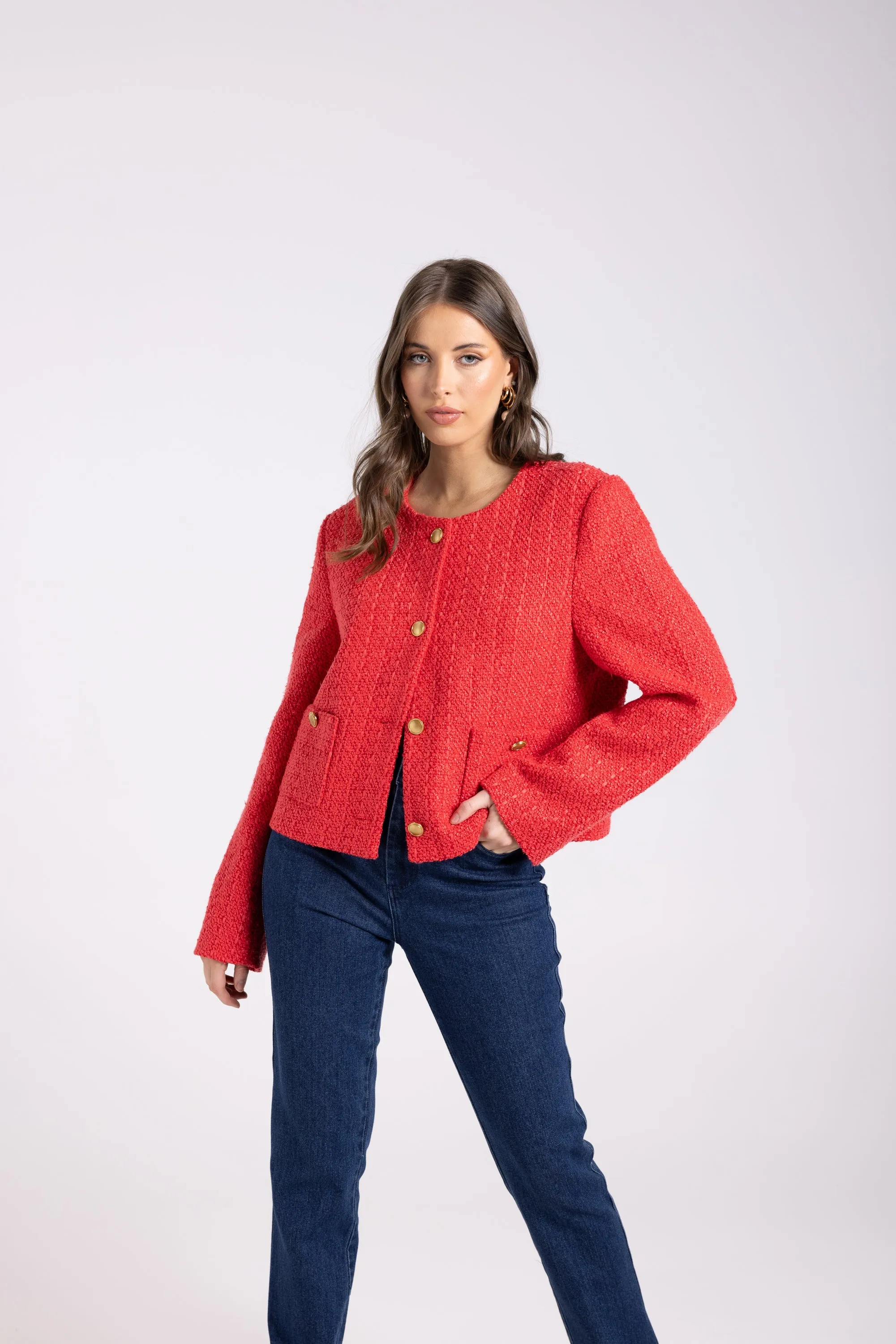 Two T's Cropped Boucle Jacket - Scarlet