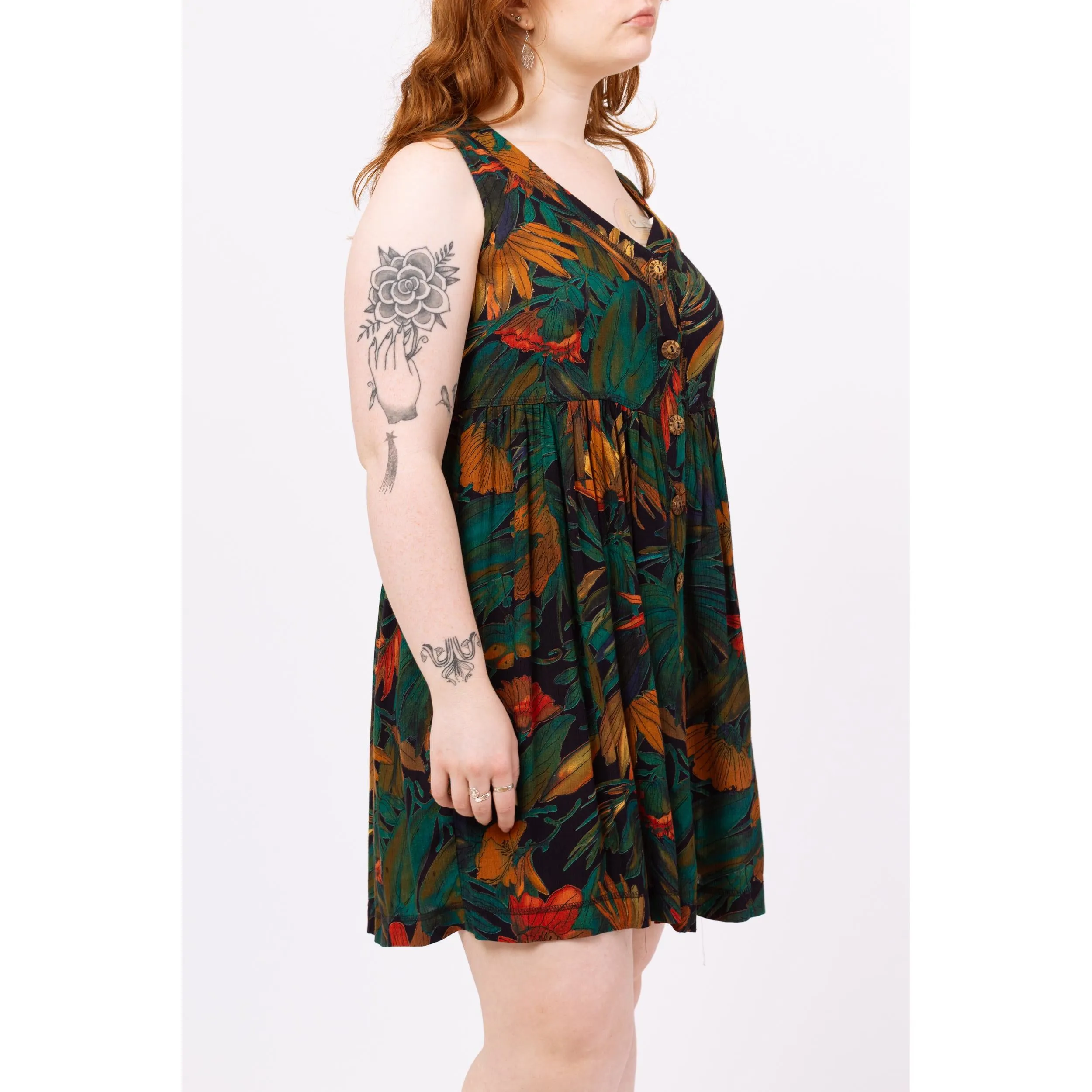 Vintage 90s Green Tropical Floral Babydoll Mini Dress - Medium