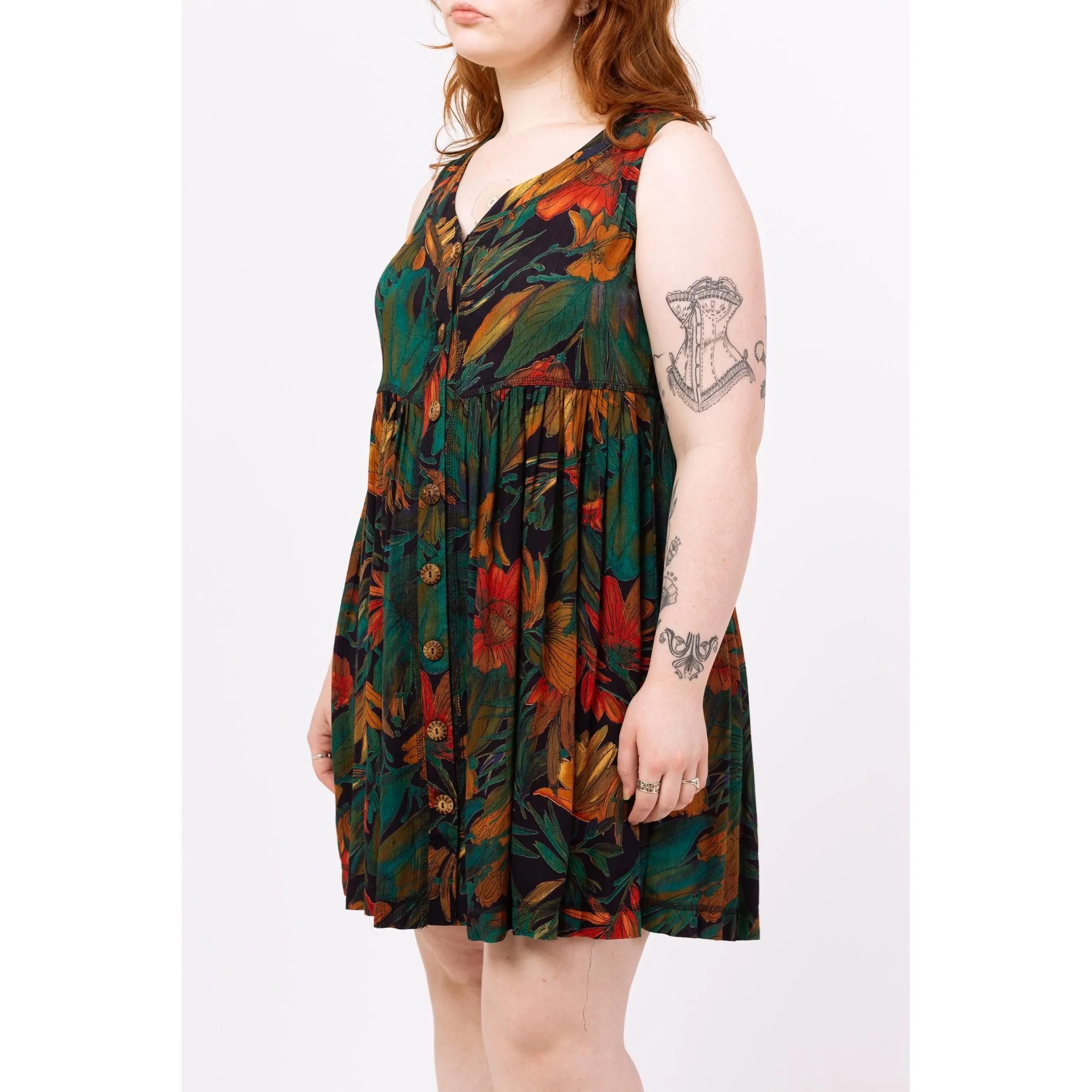 Vintage 90s Green Tropical Floral Babydoll Mini Dress - Medium