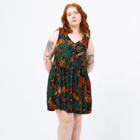 Vintage 90s Green Tropical Floral Babydoll Mini Dress - Medium