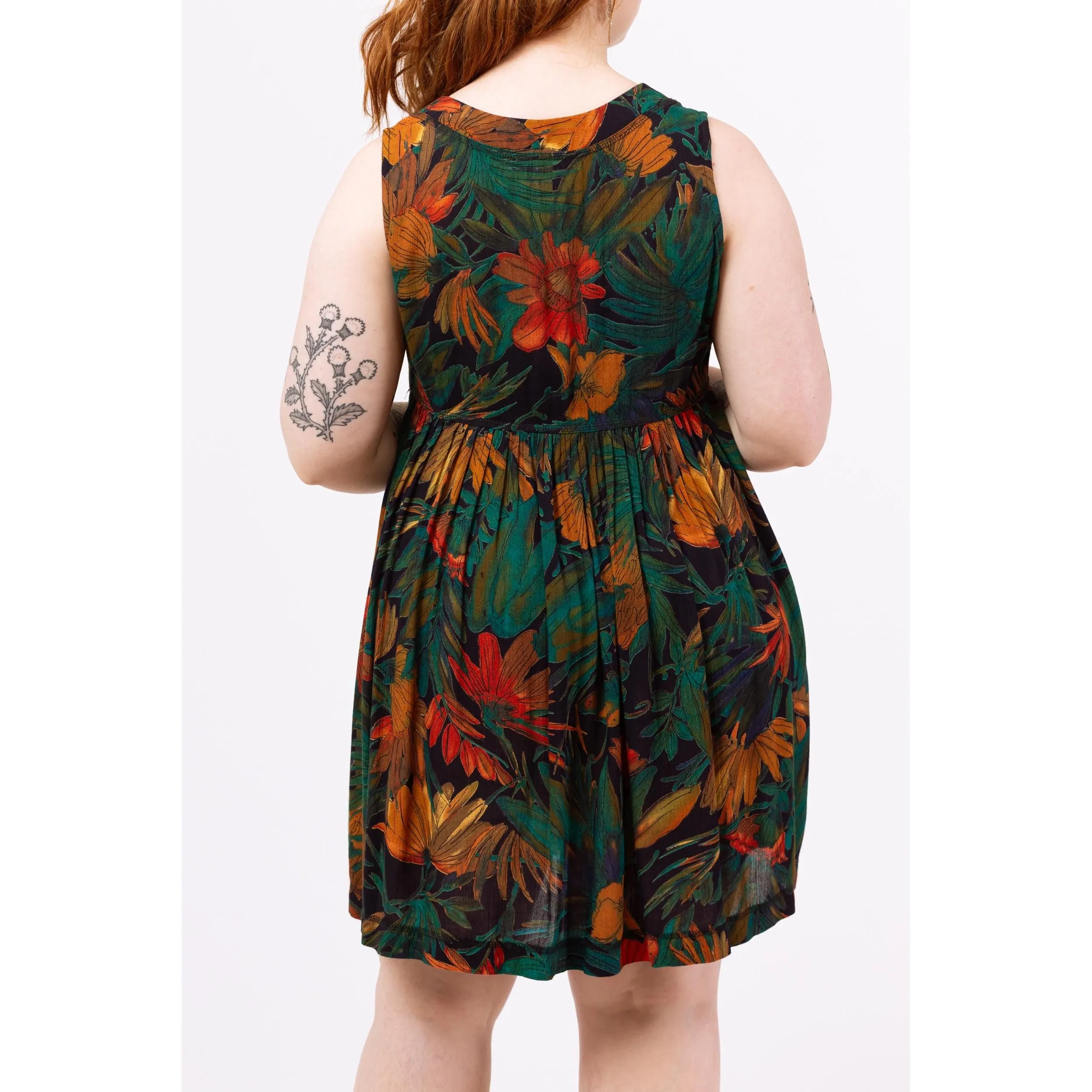 Vintage 90s Green Tropical Floral Babydoll Mini Dress - Medium