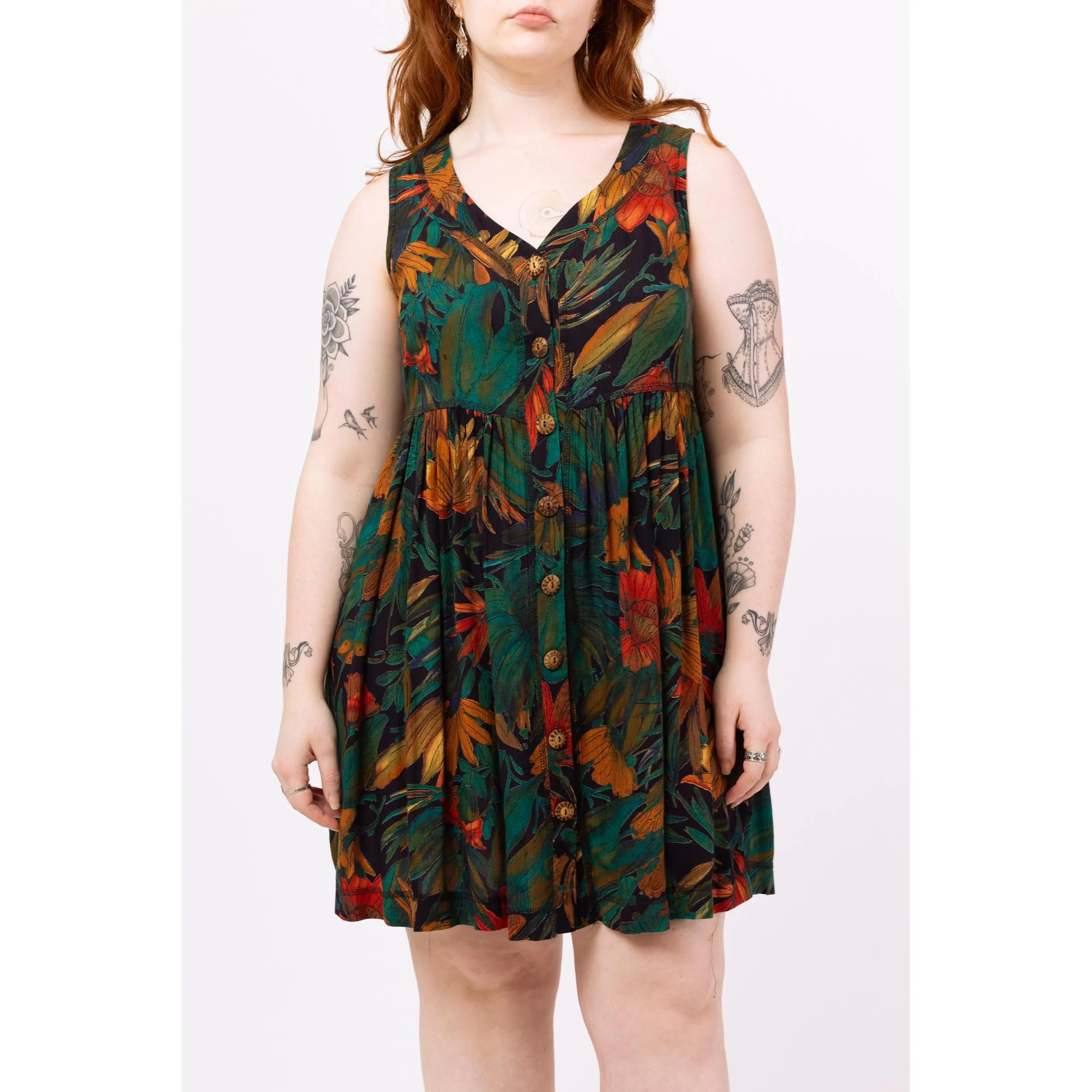 Vintage 90s Green Tropical Floral Babydoll Mini Dress - Medium