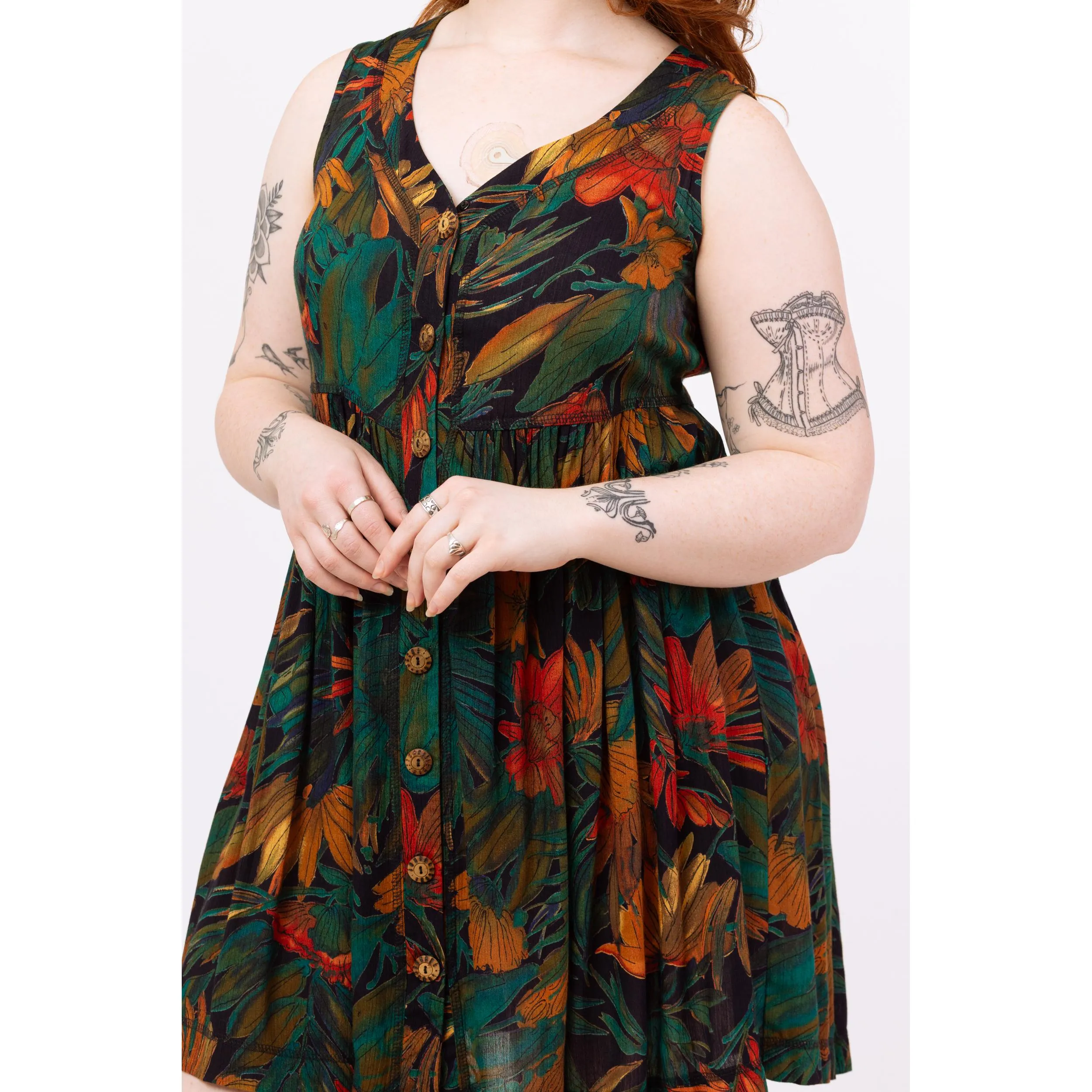 Vintage 90s Green Tropical Floral Babydoll Mini Dress - Medium