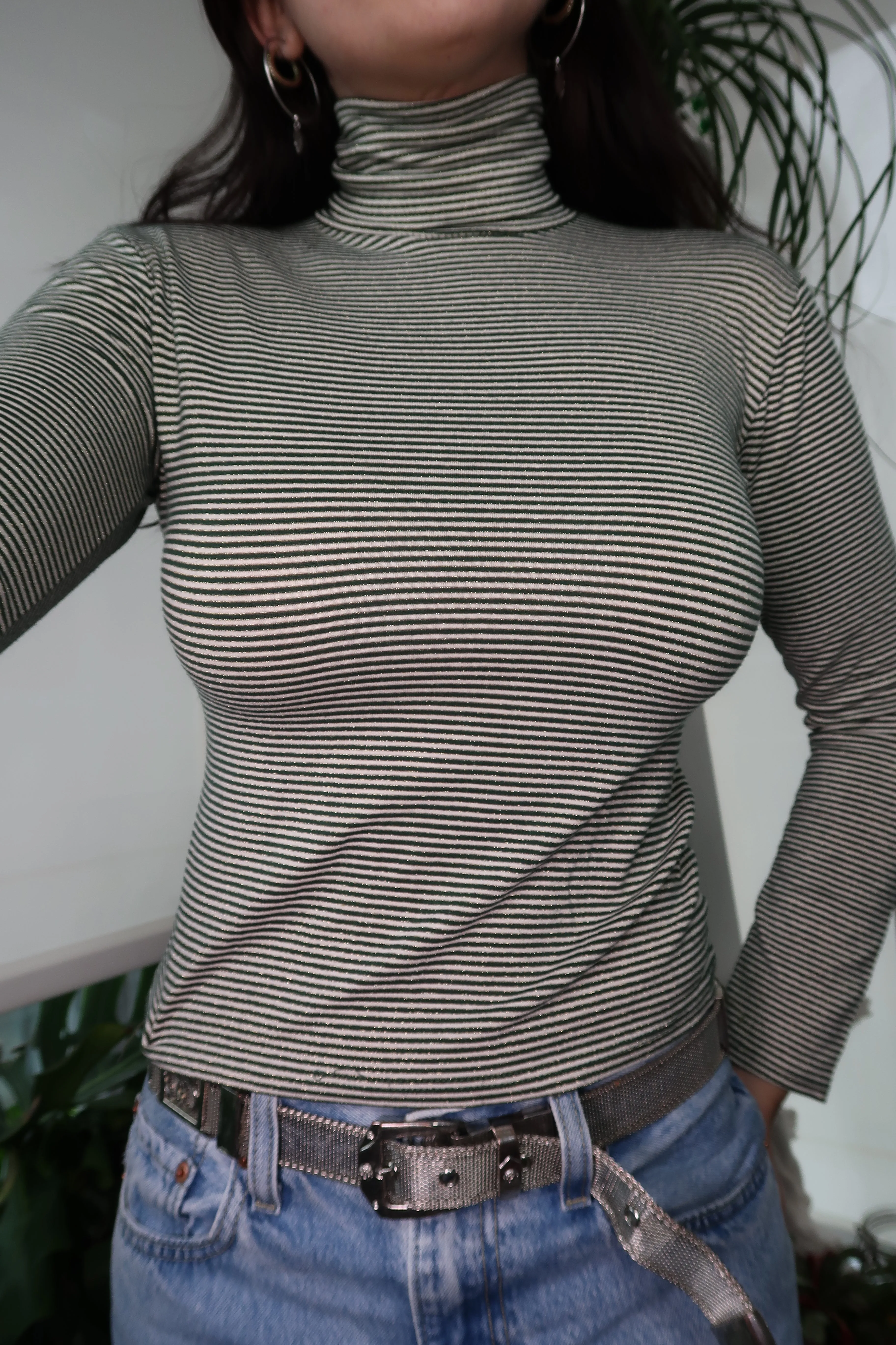 Vintage Green Pin Striped Long sleeve Turtleneck Top
