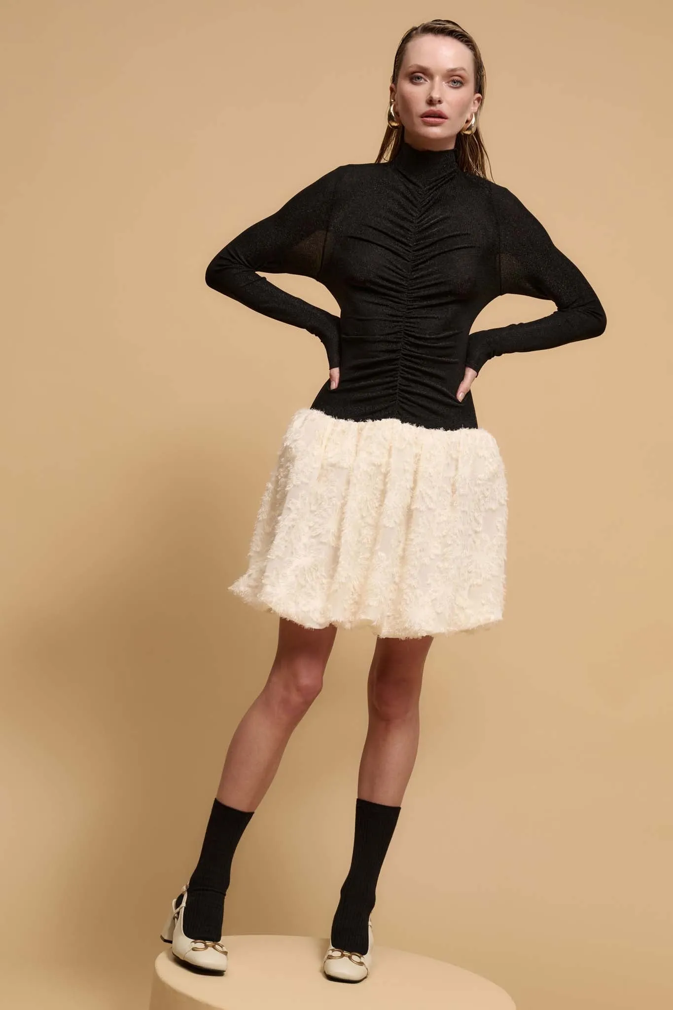 Winter Skies Ruched Mock-Neck Bubble Mini Dress