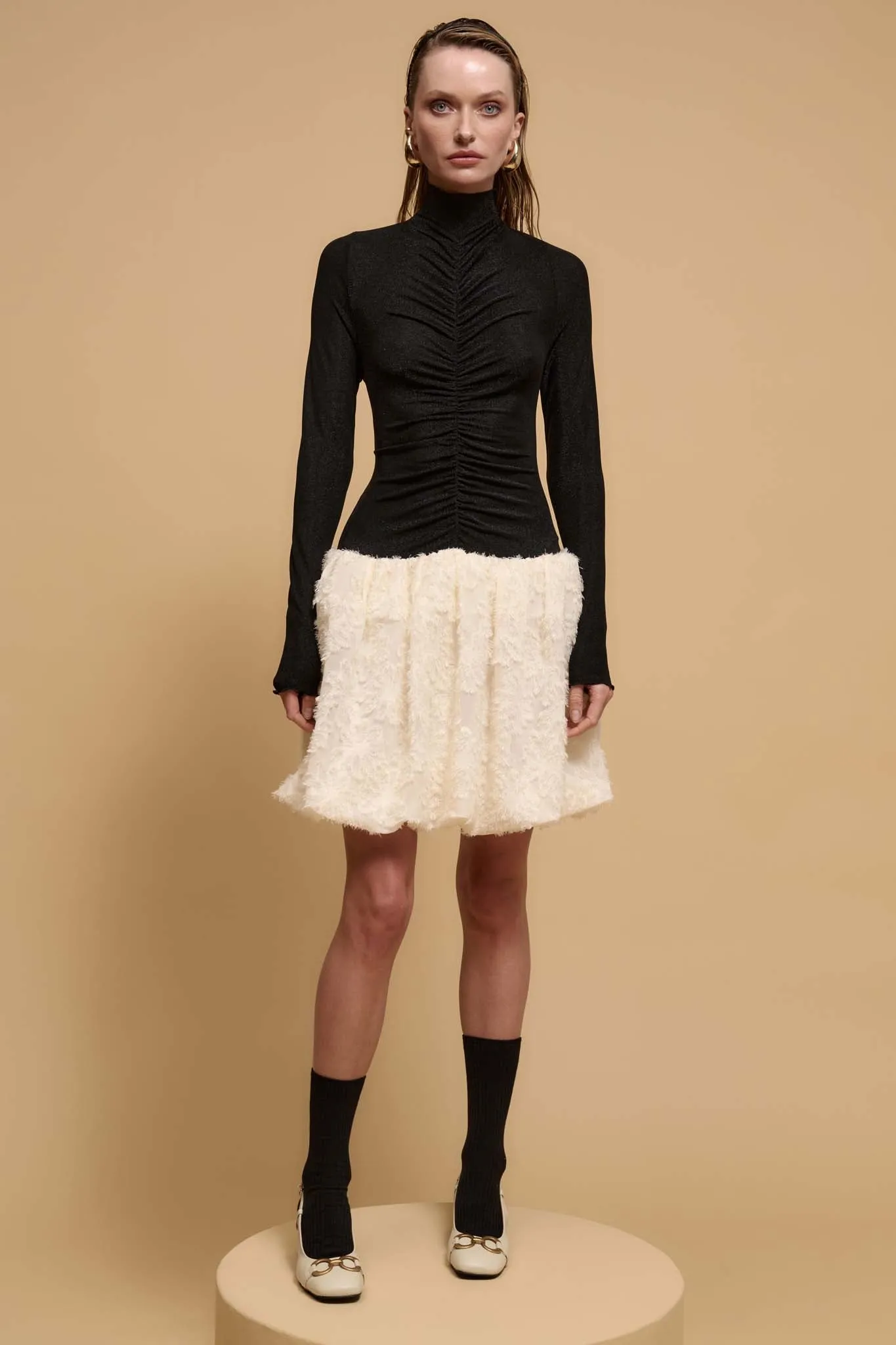 Winter Skies Ruched Mock-Neck Bubble Mini Dress