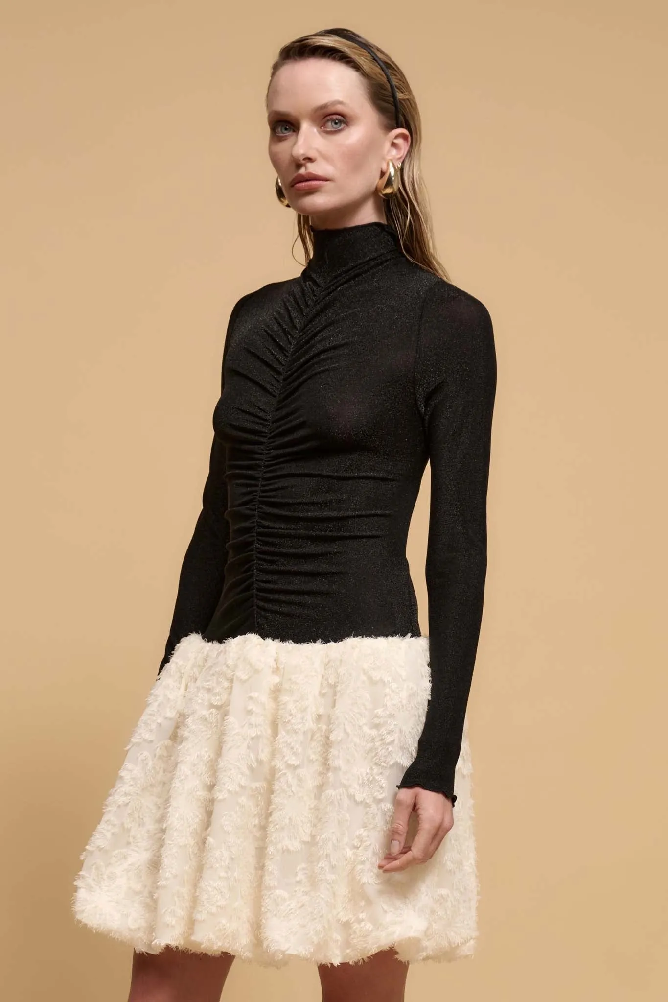 Winter Skies Ruched Mock-Neck Bubble Mini Dress