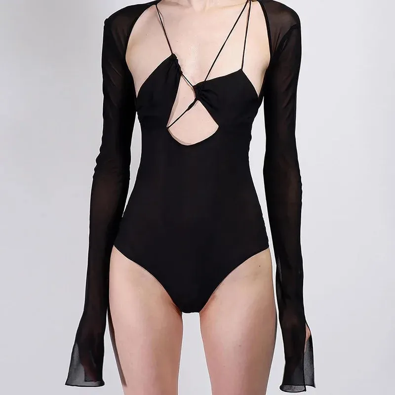 Women Long Sleeve Sexy V-cut Mesh Bodysuit