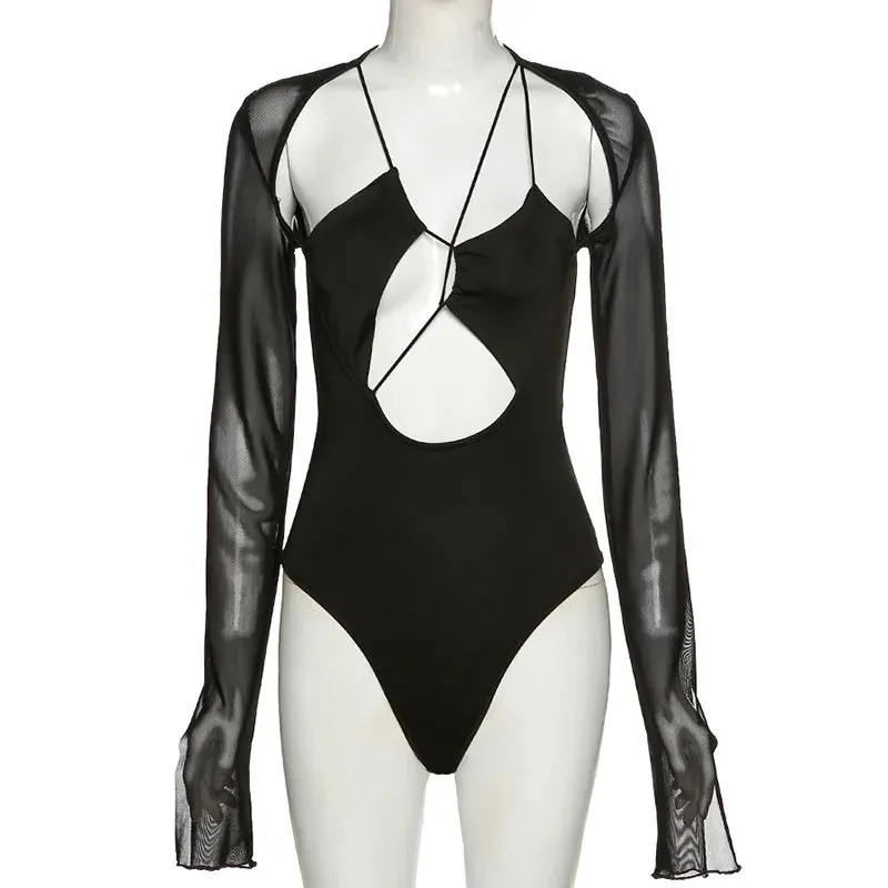 Women Long Sleeve Sexy V-cut Mesh Bodysuit