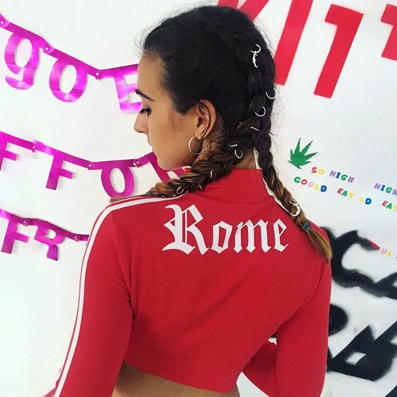 Women Turtleneck Sweatshirt Sexy Red Crop Tops Romeo Letter Printed Long Sleeve Autumn Tumblr Punk Cropped Sweatshirt Hoodies