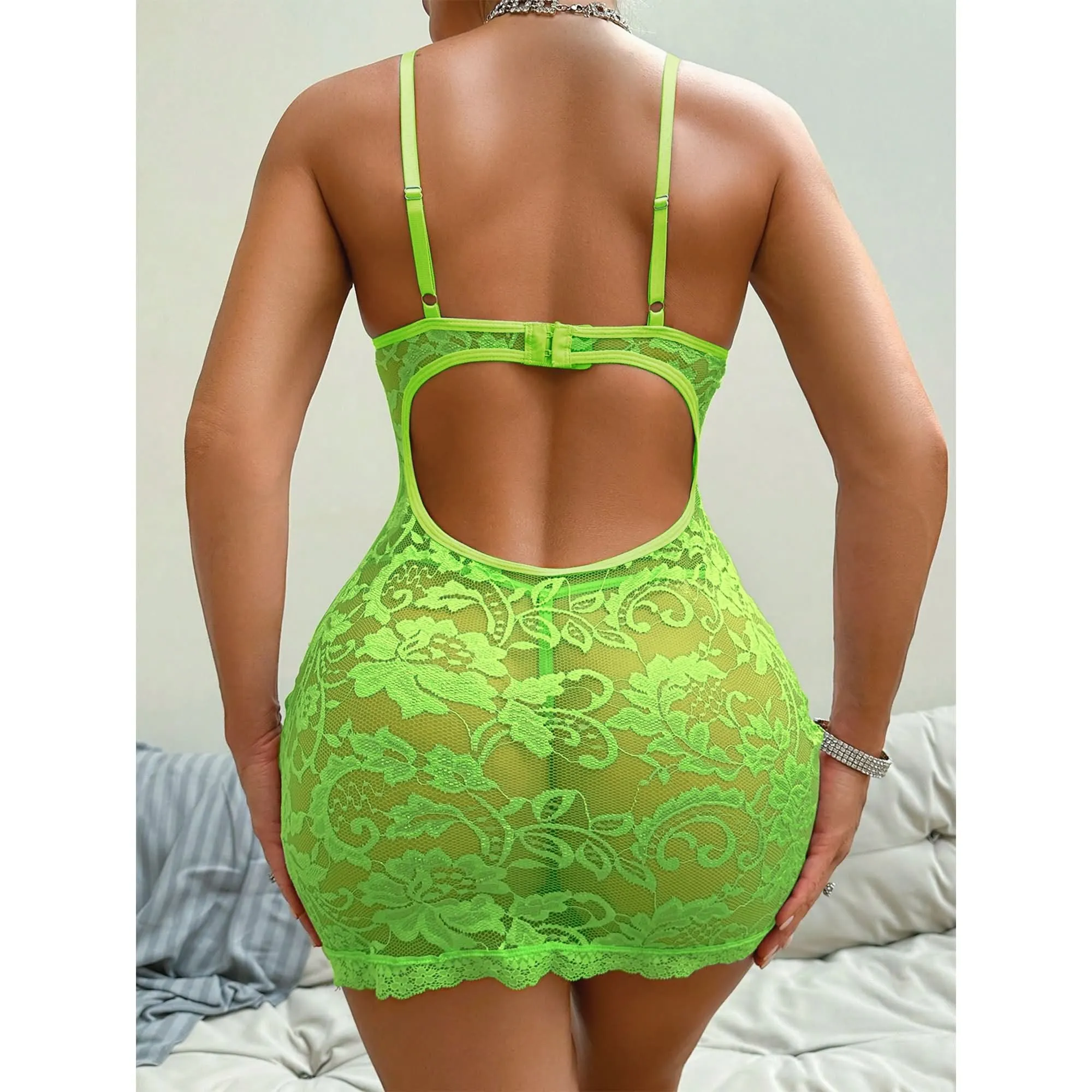 Women's Lingerie, Green Lace One Piece Bodysuit Nightwear