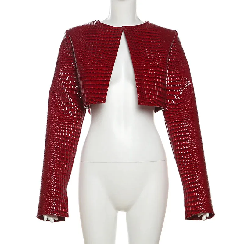Women’s O-Neck PU Faux Leather Cropped Jacket – Punk Grunge Y2K Harajuku Style, Casual Spring/Fall Coat