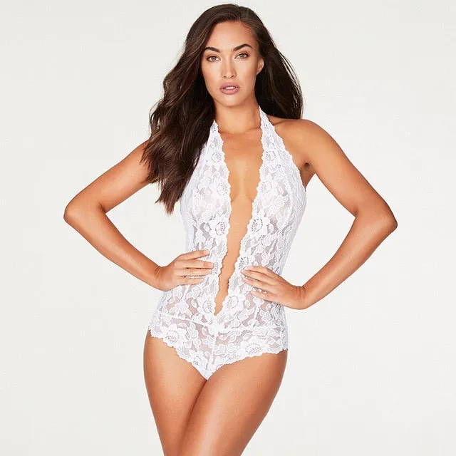 Women's Sexy Deep V Neck Eyelash Lace Body Stocking Hot Sexy Lingerie Bodysuit Bodydoll Sexy Girl Bra Set Nightwear Bodysuit
