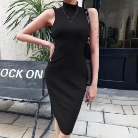 Women's Summer Backless High Neck Ribbed Skinny Dress