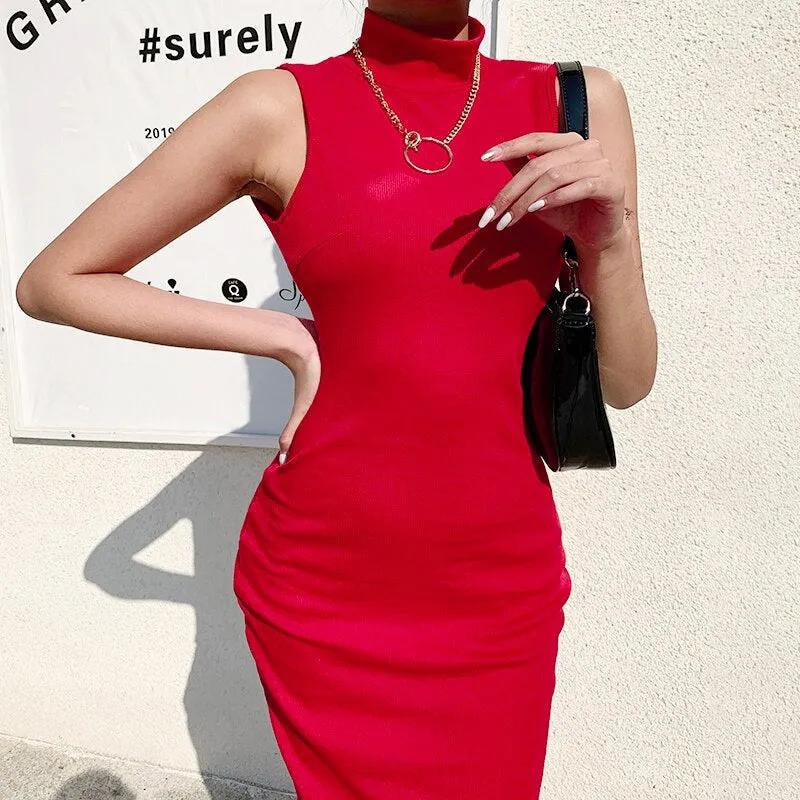 Women's Summer Backless High Neck Ribbed Skinny Dress