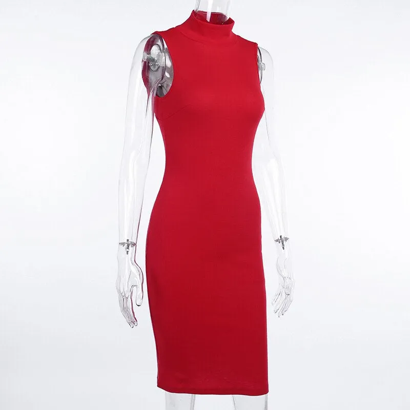 Women's Summer Backless High Neck Ribbed Skinny Dress